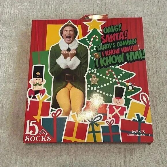 Elf 15 Days of Socks OMG! Santa's Coming! Men’s Size 6-12 Christmas Socks Advent - Picture 1 of 7